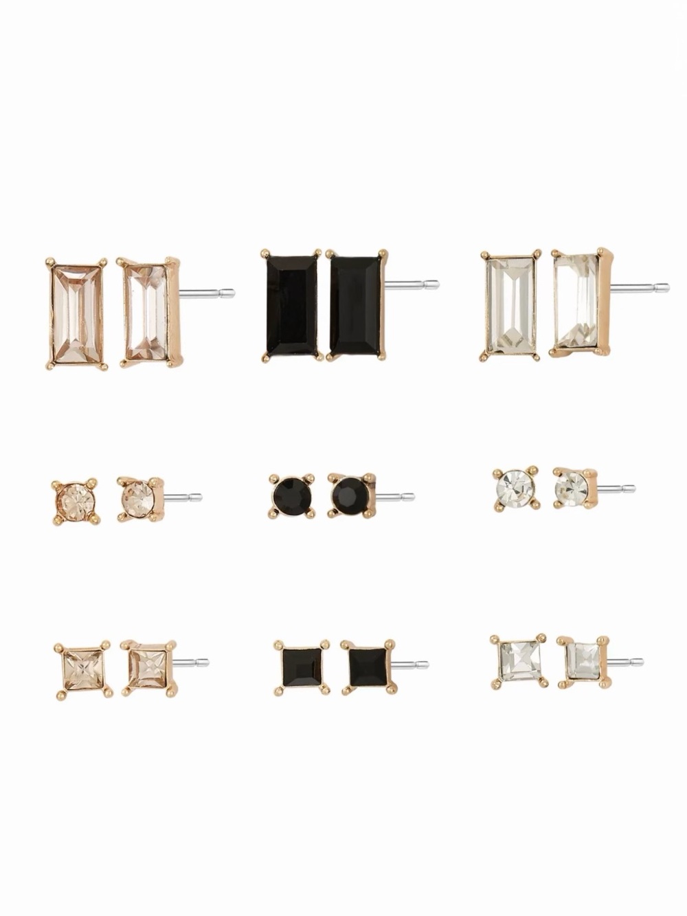 Gold Trim Mixed Stud Earring Set - Black, Clear, Champagne - 9 Pairs - Picture 3 of 3